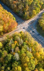 Obraz premium Drone view of crossroad between the colorful trees in fall