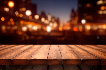 Product display empty wooden table in front of night city light abstract blurred background