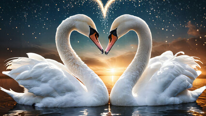Fototapeta premium swans lover with their necks forming a heart shape on the lake at sunset. romantic valentine background and magical starry night.