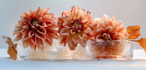 Autumnal abstract with rust-colored dahlia blooms set in ice.