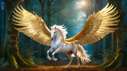 Pegasus with golden wings running in a forest at dusk. Greek mythology.