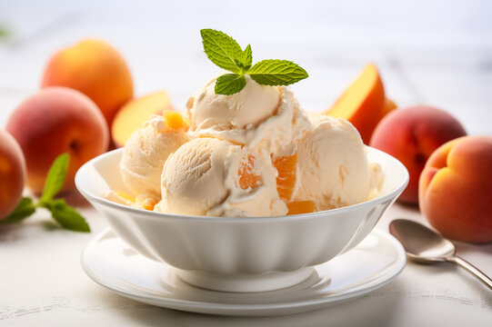 Homemade peach ice cream served in a white bowl, garnished with a fresh mint leaf surrounded by whole and sliced peaches. Delicious refreshing summer treat.