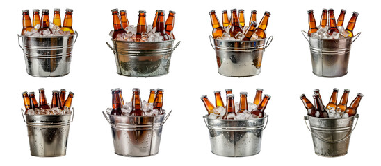 Set of Ice cold beer bottles in metal bucket isolated transparent PNG background