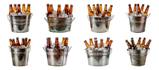 Set of Ice cold beer bottles in metal bucket isolated transparent PNG background