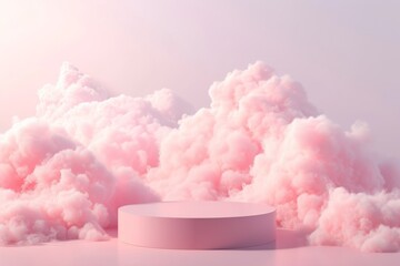 A pink podium surrounded by fluffy pink clouds in a dreamy pink background