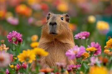 Funny capybara in a flower field