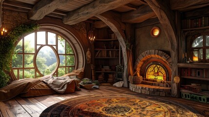 traditional house with fireplace and round window, interior design inspiration