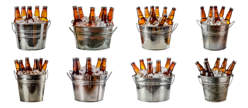 Set of Ice cold beer bottles in metal bucket isolated transparent PNG background