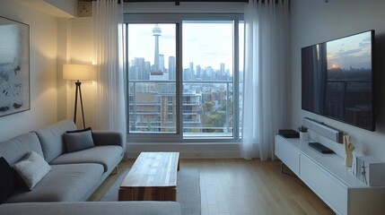 Fototapeta premium Compact urban living space with essential furnishings, a wallmounted TV, and a sleek floor lamp