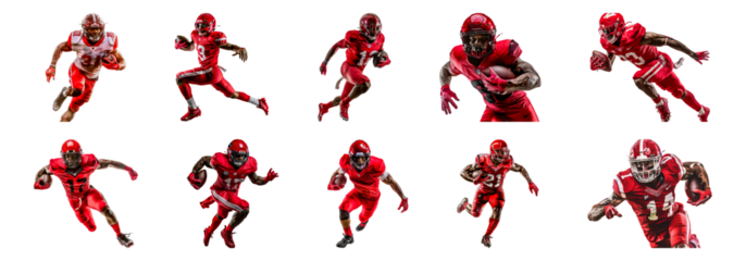 Set of Action shots of football players in motion on the field isolated transparent PNG background