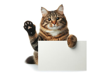 tabby cat holding empty white sign Isolated on white background