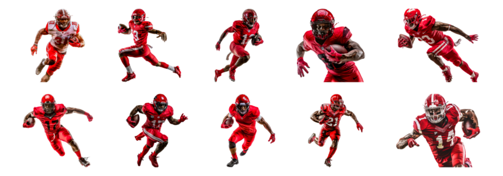 Set of Action shots of football players in motion on the field isolated transparent PNG background