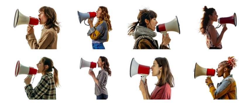 Set of diverse women shouting into megaphones isolated transparent PNG background