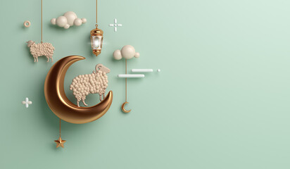 Eid al adha islamic decoration background with goat sheep cloud arabic lantern crescent, ramadan kareem, mawlid, iftar, eid al fitr, muharram, copy space text area, 3D illustration.