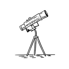 Stick figure man looking through telescope pointing to the sky. Vector illustration concept of star gazing, universe discovery, far away distant, space research, and curiosity.
