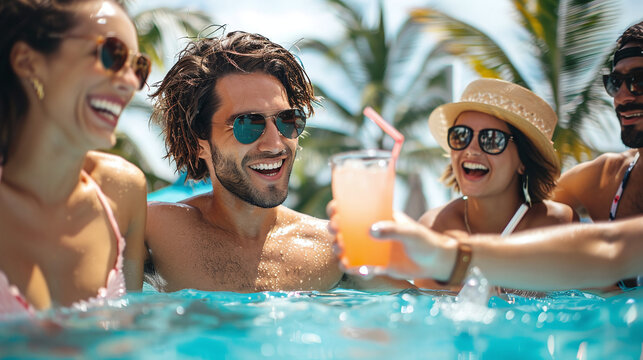 Group of friends having fun in the pool