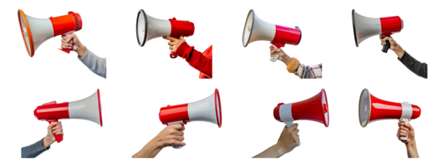 Set of Diverse hands holding red and white megaphones isolated transparent PNG background