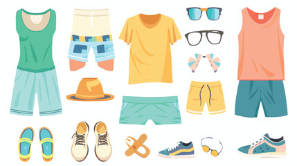 Summer clothing with t-shirt beach shorts sneakers.
