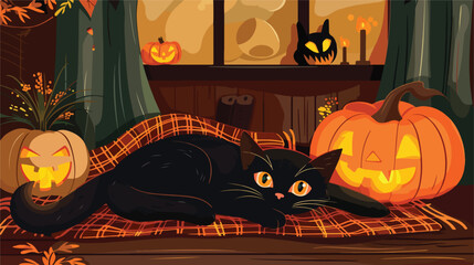 Cute black cat lying on plaid in room decorated 