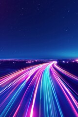 Abstract Background with Blue and Purple Lights, Speed Light Effect, and Glowing Road Lines on a Dark Night Sky - Minimalist Motion Blur and Futuristic Horizon Design