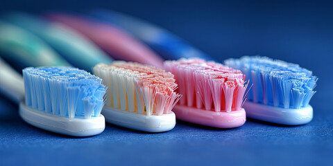 Four toothbrushes of different colors are lined up on a blue surface