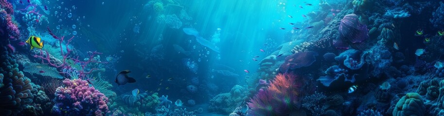 Fototapeta premium Advanced Alien Civilization Under the Ocean with Bioluminescent Architecture and Exotic Sea Creatures - Vibrant and Mysterious Underwater banner