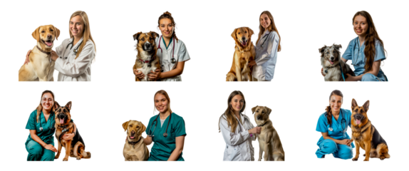 Set of Beautiful young female veterinarian with a smiling dog isolated transparent PNG background