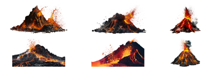 Set of Erupting volcanoes with molten lava and ash plumes isolated transparent PNG background