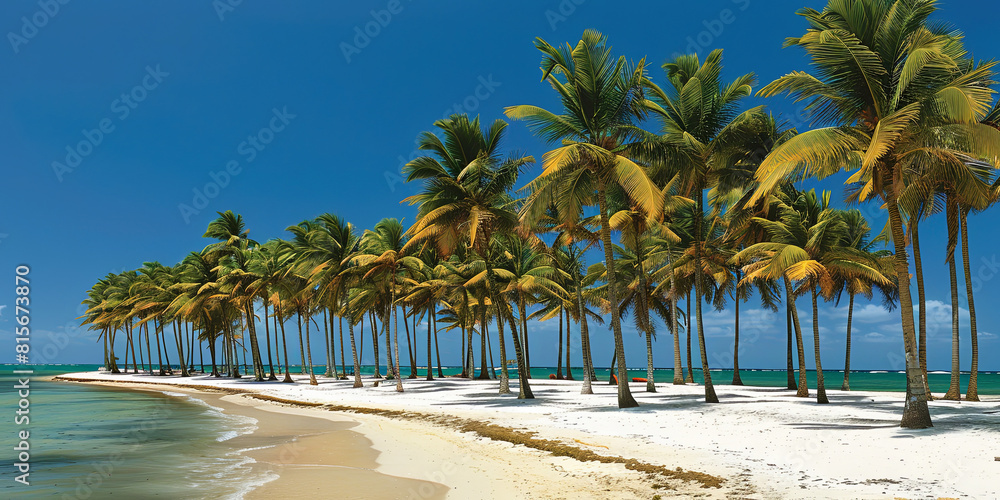 Wall mural a beach with palm trees and a blue sky - Wall murals