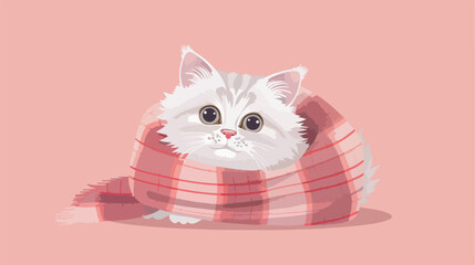Cute cat with warm plaid on color background. Concept