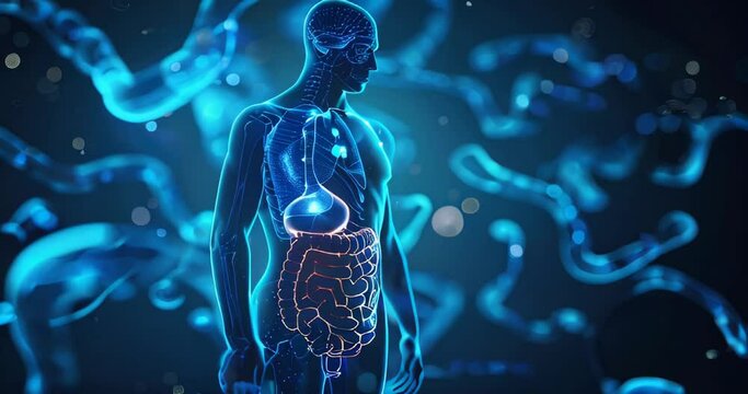 Semi-transparent figure with a bright colon highlight, merging digestive anatomy with artistry
