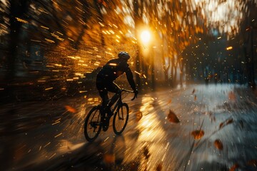 Silhouette of a road cyclist on a rainy day