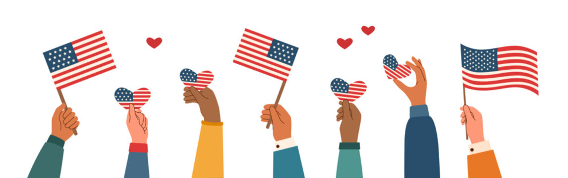 Memorial day and Independence day concept. People hand holding american flags and hearts. Vector flat illustration. 