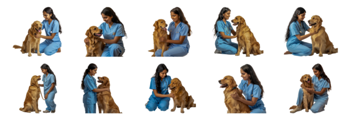 Set of Young indian female veterinarian examining golden retriever in light blue scrubs isolated transparent PNG background