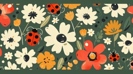 graphic seamless pattern of cute ladybugs and flowers in retro colors, simple shapes, colorful, flat  graphics on a green background,