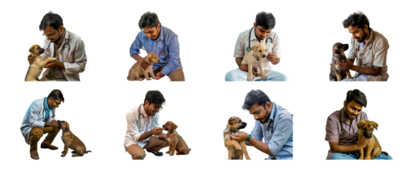 Set of Indian male veterinarian in casual attire checking on sick puppy isolated transparent PNG background