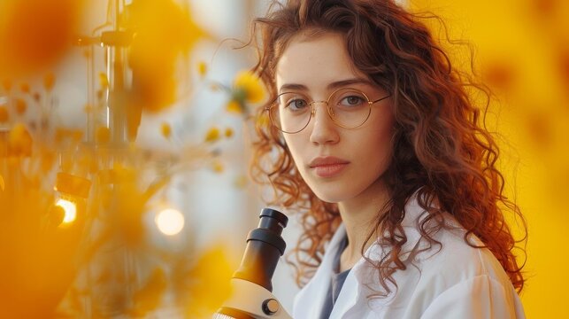 Female scientist in a lab coat holding a microscope, portrayed against a bright yellow background to signify innovation