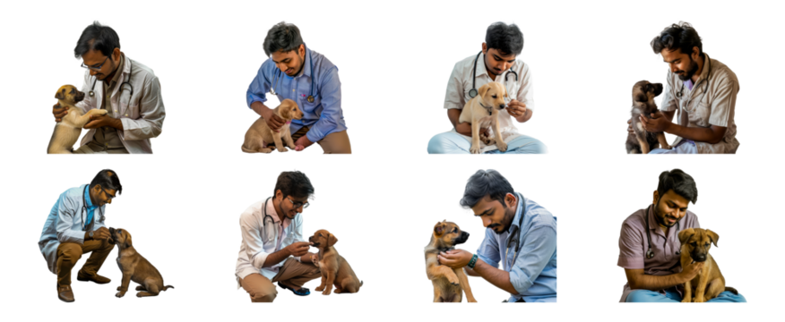 Set of Indian male veterinarian in casual attire checking on sick puppy isolated transparent PNG background