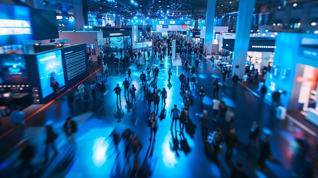IT congress hustle and bustle, focus on a big demo booth in the centre of the picture, IT security, Developer, Recruiting, Innovations, blue light, binary code, long exposure captures blurred movement