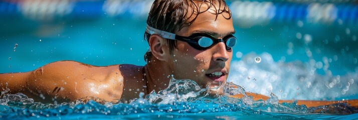 Male swimmer demonstrating freestyle stroke for pool banner and fitness promotion