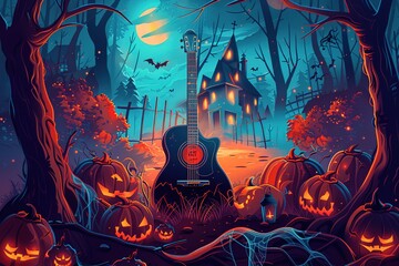 Dark image of halloween pumpkin string lights glowing on acoustic guitar. Halloween party concept.