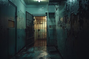 Nighttime in a prison cell, with only the dim light from the hallway illuminating the interior