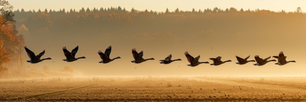 Majestic geese in flight, serene banner with generous text space