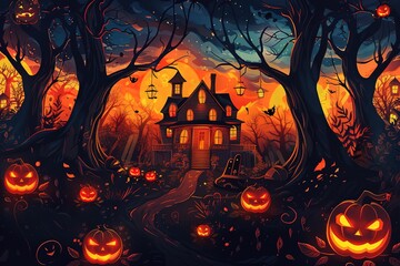 Halloween theme with glowing pumpkin in dark autumn forest with amanita and moon. Halloween horror background.