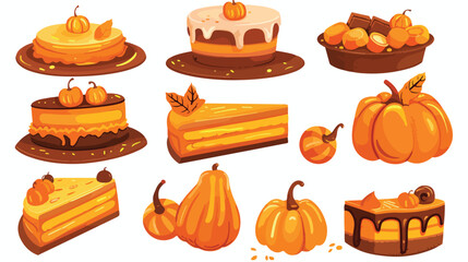 Sweet pumpkin cakes pies flat vector illustration.