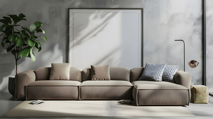 The stylish composition of living room interior with mock up poster frame brown sofa patterned pillow modern pouf and personal accessories Gray concrete wall Home decor Template : Generative AI
