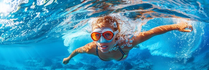 Young girl snorkeling underwater with mask. Adventure banner for summer vacation