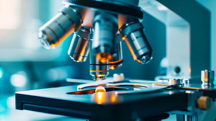 Microscope on desk close up view of microscope ocular lens appearing cells	