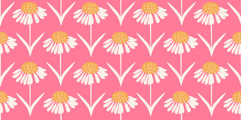 Fototapeta premium cute hand drawn colorful seamless vector pattern illustration with white daisy flowers on pink background