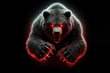 An angry Bear with a red light eyes Isolated on black background